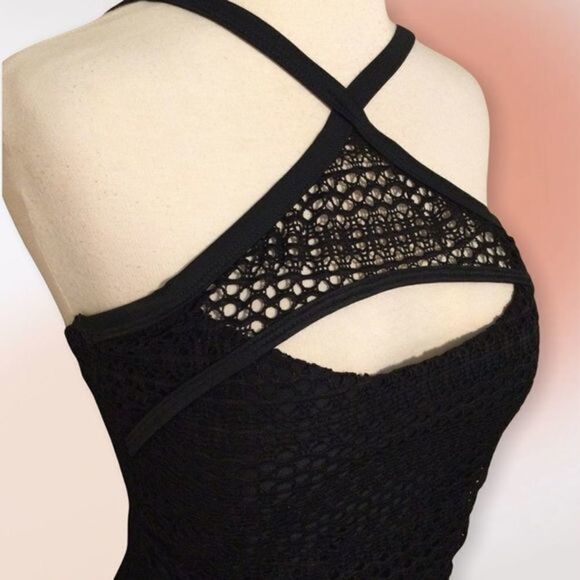 Island Escape Black Lace Halter Top Long Tankini Top Size 6 - Picture 2 of 9